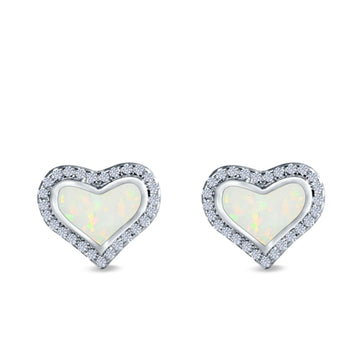 Halo Heart Stud Earrings Lab Created White Opal Simulated CZ 925 Sterling Silver(12mm)